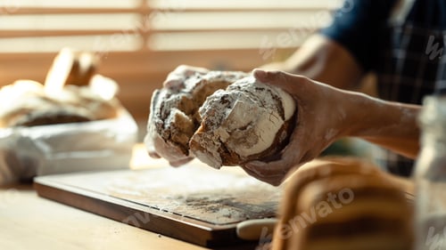 Preview: Close up view of man hands breaking fresh bread, sitting at table with flour and kitchen utensils.