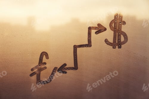 Preview: Handwritten doodle sign turkish lira, american dollar icon ladder with arrows on sunset foggy window
