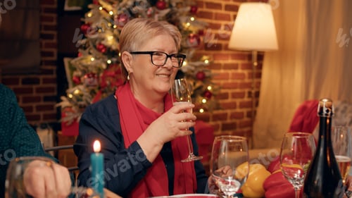 Preview: Festive diverse people clinking glasses while enjoying Christmas dinner table at home