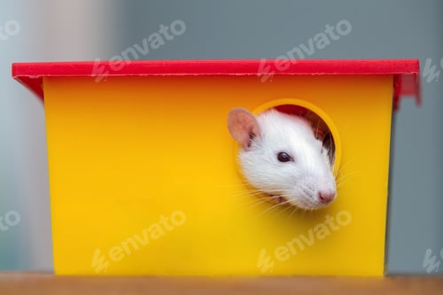 Preview: Adorable White Rat Peeking Out of Colorful House