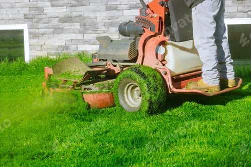 Preview: Lawn mower cutting the grass gardening activity own home yard with lawn mower