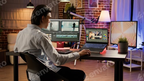 Preview: Male videographer editing footage with visual effects software