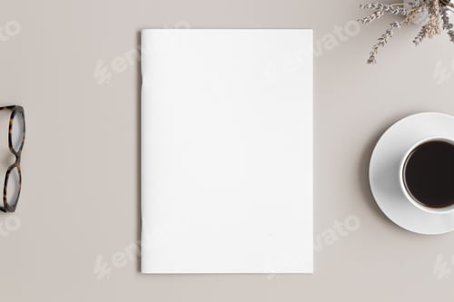 Vista previa: Magazine mockup with a cup of coffee, glasses and a lavender on the beige table.