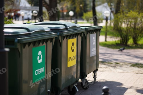 Preview: Garbage containers for separation and sorting in Russia with labels: Glass, plastic