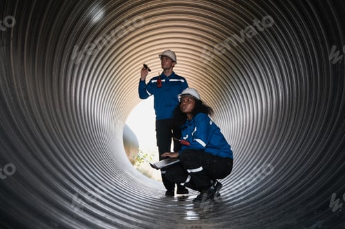 Preview: Workers inside a big steel pipe building a pipeline for oil, gas, and fuel at an industrial site.
