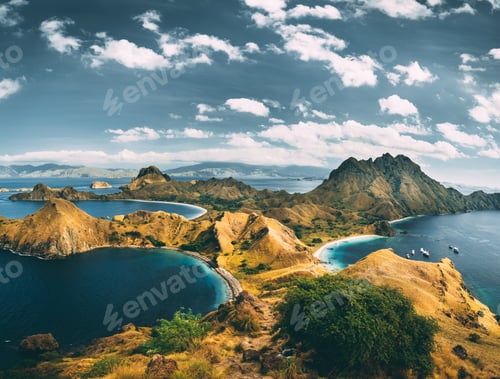 Preview: Bays, mountains, cloudy sky. Aerial shot. Padar