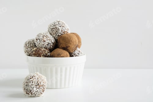 Preview: Homemade energy balls with cacao, coconut. Healthy food for children and vegan, sweets substitute.