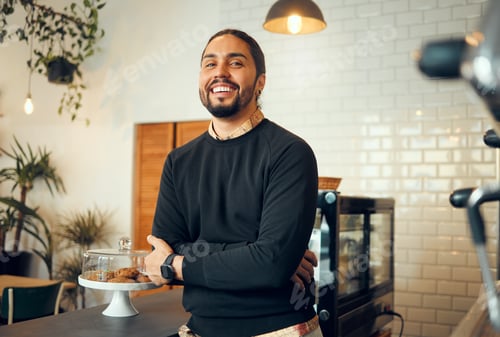 Preview: Coffee shop owner, portrait and small business barista standing with proud smile from job. Restaura