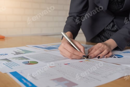 Preview: Young business woman holding a pen pointing the graph and partnership to analyze the marketing plan