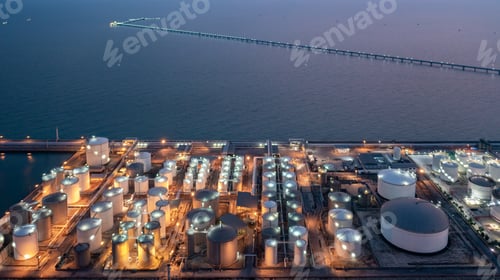 Preview: Aerial view chemical storage tank on sea at oil terminal station at night.
