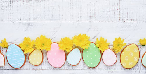 Preview: Easter greeting card with colorful rabbits, eggs, chickens and carrots gingerbread cookies on white