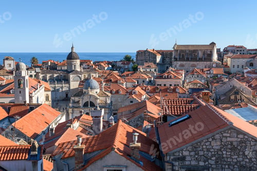 Preview: View across the rooftops of the historic old town of Dubrovnik, and a view to the Adriatic Sea.