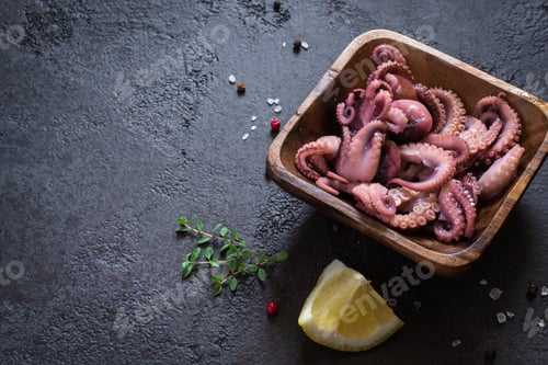 Preview: Seafood Baby octopus in a wooden bowl, copy space