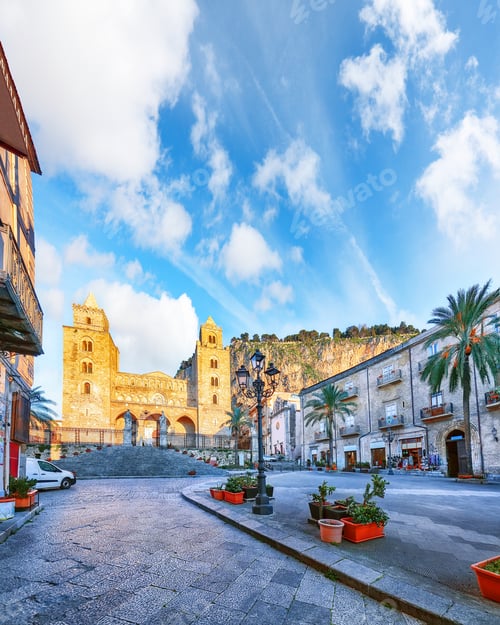 Preview: Amazing evening view on Cathedral-Basilica of Cefalu or Duomo di Cefalu and square Piazza del Duomo.