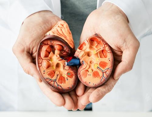 Preview: Treatment of kidney diseases. Urologist showing an anatomical model of kidney, close-up