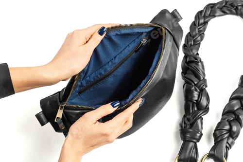 Preview: Open Black Leather Waistbag with Blue Inner Lining