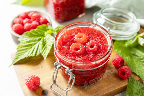Preview: Homemade preservation. Delicious raspberries jam or jelly and fresh raspberries on a stone table.