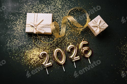 Visualização: Configuração de celebração com decorações douradas e presentes para o Ano Novo de 2026