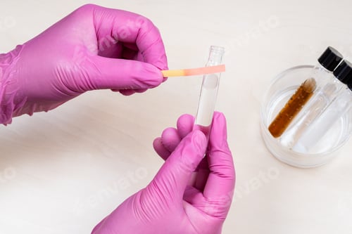 Preview: hands holding test tube and pink litmus paper