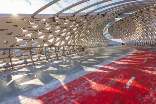 Preview: Modern architectural urbanistic Atyrau fish bridge across Ishim river. Pedestrian bridge with