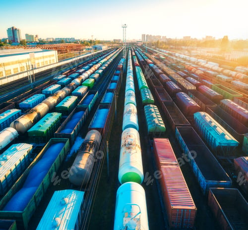 Preview: Aerial view of colorful freight trains on railroad