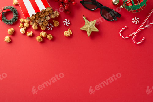 Preview: Step into the New Year with a cinematic flair. Movie clapper, 3D glasses, popcorn