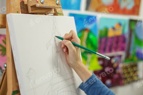 Preview: Close-Up of Hand Sketching on Canvas