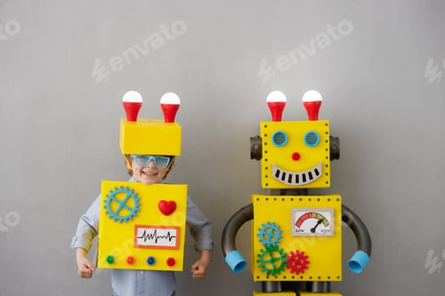 Preview: Happy child with robot have an idea