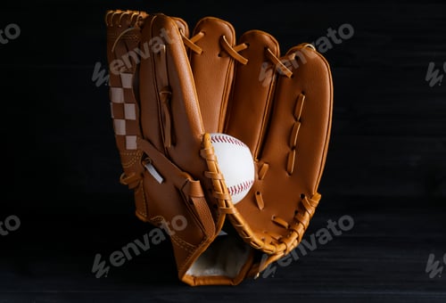 Preview: Catcher's mitt and baseball ball on black background. Sports game