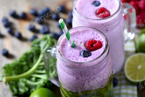 Preview: Berry Smoothie with Kale and Limes on Table