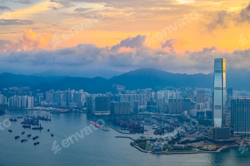 Preview: Sunrise over Victoria Harbor as viewed atop Victoria Peak, Hong Kong
