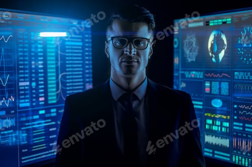 Preview: The businessman standing between the blue monitors in a dark room