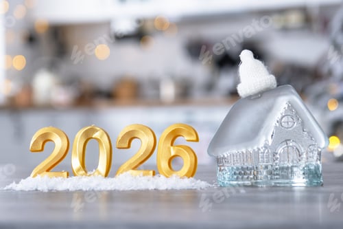 Visualização: Número dourado 2026 e pequena casa no fundo de uma aconchegante cozinha branca com árvore de Natal