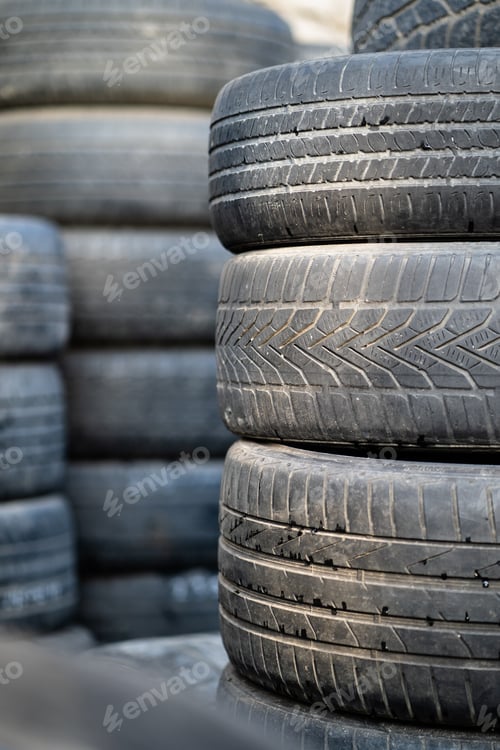 Preview: Old used rubber tires stacked with high piles. Hazardous waste requiring recycling and disposal.