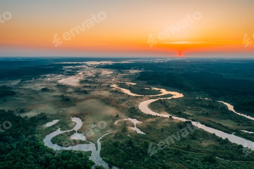 Preview: Aerial View Green Meadow And River Landscape In Misty Foggy Morn