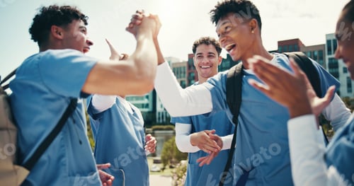 Preview: Medical success, students and happy with handshake outdoor for training program support or board ex