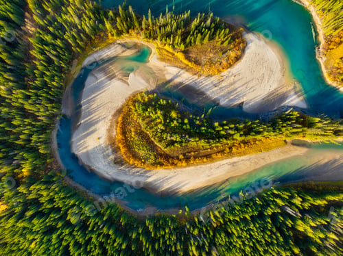 Preview: A drone view of the river in the forest. An aerial view of an forest. Winding river among the trees.