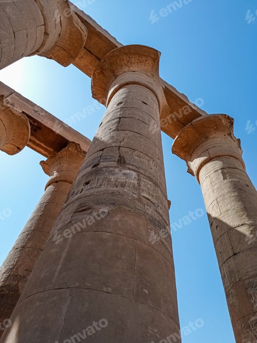 Preview: Detail of the columns on the ruins of an ancient egyptian temple full of hieroglyphs in Egypt