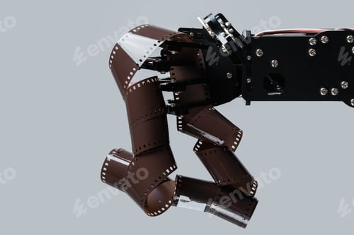 Preview: Real robotic hand with film stock. Concept of AI in motion picture and photography industry