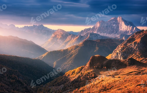 Preview: Mountains at beautiful sunset in autumn in Dolomites, Italy