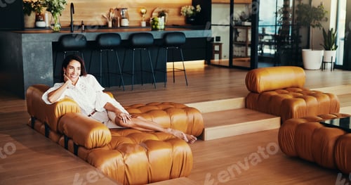 Preview: Relax, smile and thinking with woman on sofa of house for calm, reflection and self care. Happiness
