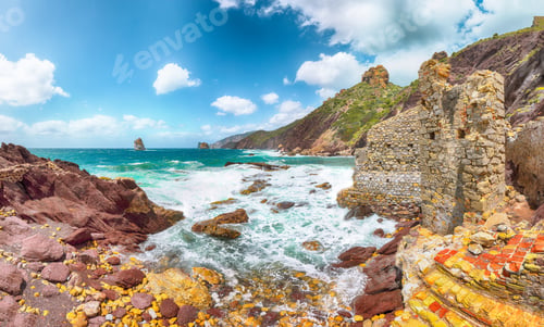 Preview: Fantastic spring view of ancient ruins of Laveria Lamarmora (Miniera di Nebida) and Nebida coast.
