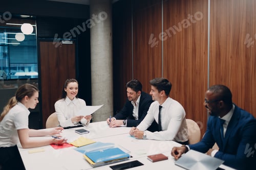 Preview: Businesswoman boss woman and business team at office meeting. People group conference discussion