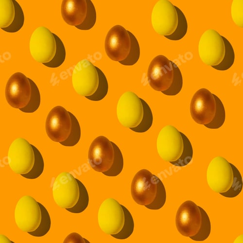 Preview: Pattern of yellow, gold chicken eggs on a orange background. Minimalism easter, food pattern