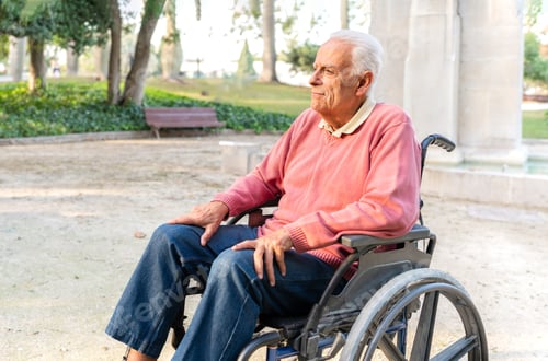 Preview: Senior man in wheelchair relaxing at park enjoying nature