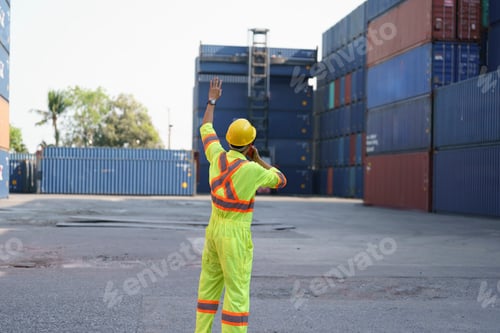 Preview: Worker directs cargo operations at a bustling shipping yard during bright afternoon