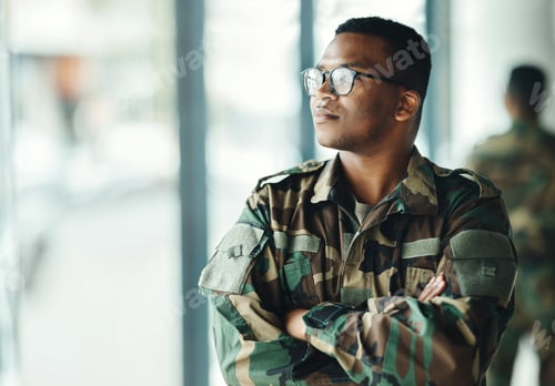 Preview: Confident soldier thinking, mockup and arms crossed in army building, pride and professional hero s