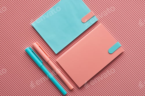 Preview: top view of arranged pens and notebooks on textured pink