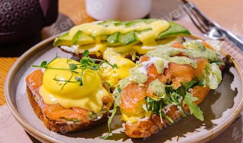 Preview: Toast and croissant with salmon, poached egg and avocado