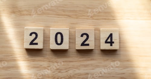 Preview: New Year 2024 on wood block. Start planning and goal